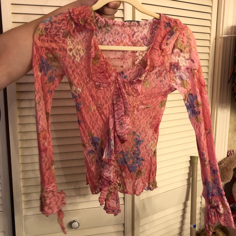 Jr Size Small pink peek a boo ruffled dressy top